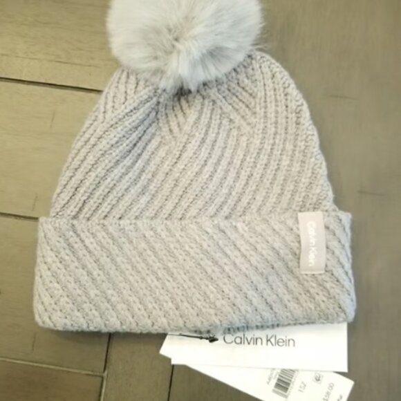 Calvin Klein Chunky Rib Knit Pom Beanie - Heathered Mid Gray main image 5